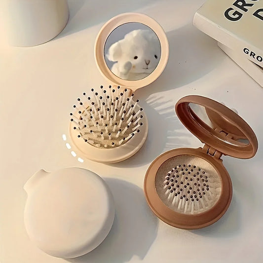 Mini Portable Folding Travel Hair Brush with Mirror for Women Lightweight Plastic Dual Fold Design for Outdoor Use Hand Washable
