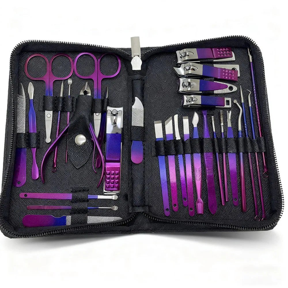 30pcs Blue Red Gradient Nail Clipper Set Nail File Remover Tool tainless Steel Manicure Tool Kit with Storage Box Gifts