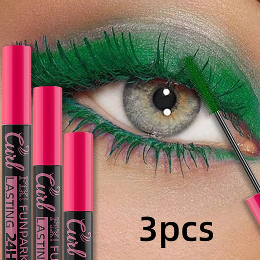 3pcs Colorful 3D Eye Blue Green Purple Mascara Waterproof Lengthens Eyelashes Extension Silk Fiber Mascare Long Lasting Eye Makeup for Women Cosmetic Korean Make up
