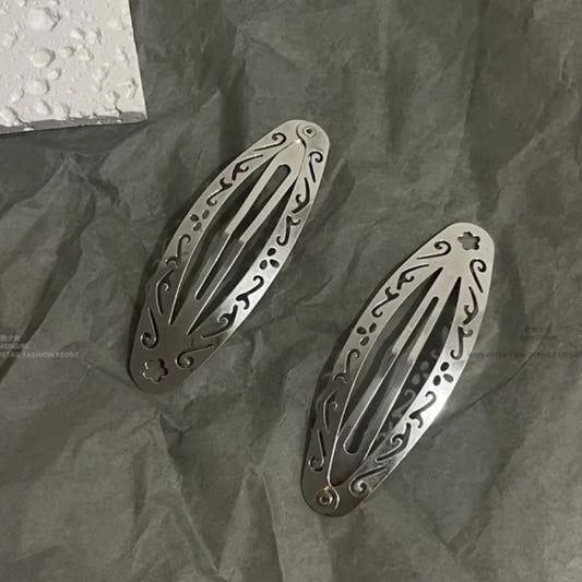 Vintage Hollowed Out Pattern Hair Clips Y2K Geometric Silver Oval Snap Hairclips Punk Metal Side Hairpin Korean Hair Accessories