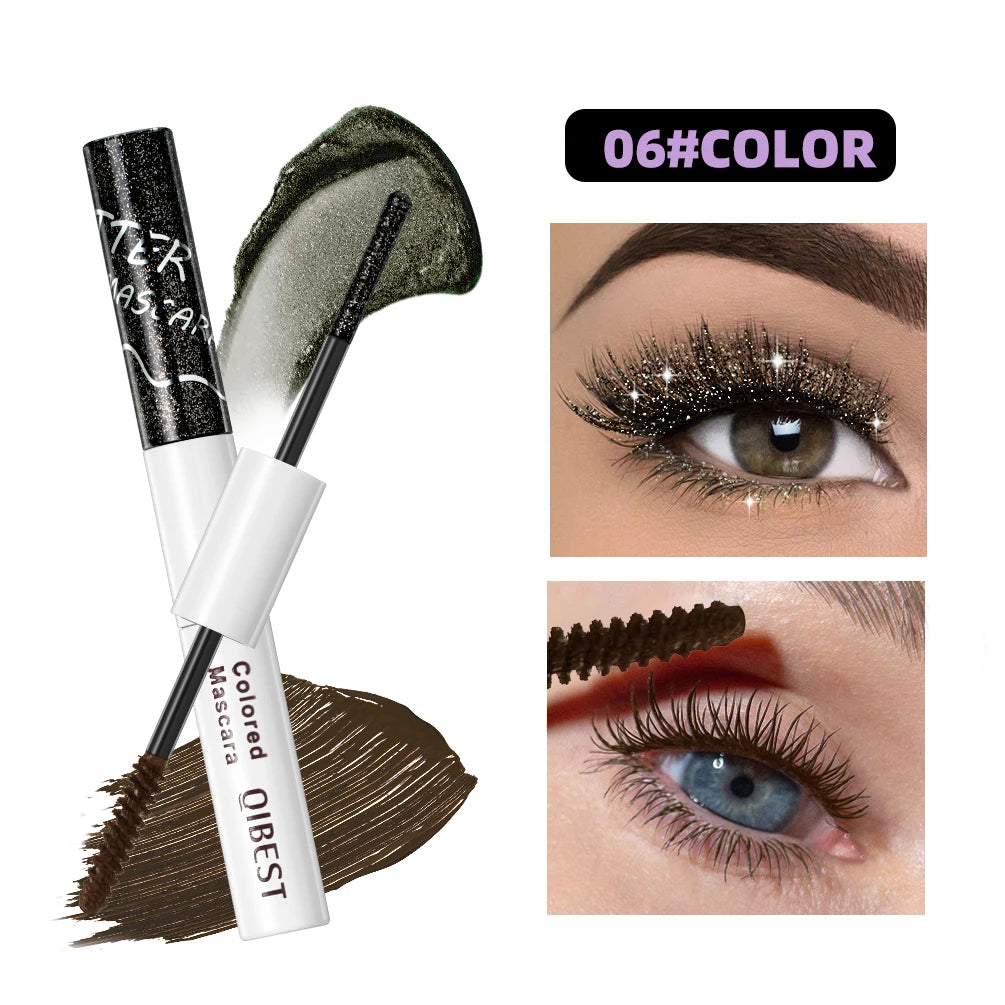 QIBEST Double Headed Diamond Glitter Mascara Long Lasting Colored Mascara Eyelashes Pink Blue Red Voluminous Waterproof Mascara