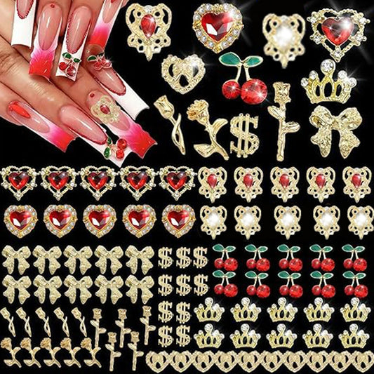 48Pcs 3D Gold Y2K Bulk Art Decor Set Charms Including Heart Rhinestones, Cherries Dollars Roses Crowns and More for Nail