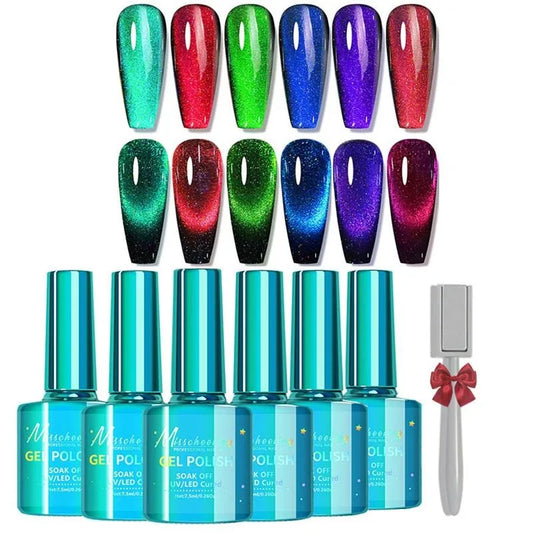 Cat Eye Gel Nail Polish 6 Colors Holographic Glitter Gel Polish Set With Magnet Translucent Gel Nail Polish Home Manicure Salon