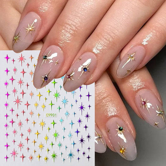 6Colors Laser Star Nail Stickers 3D Metallic Mirror Golden Silvery Irregular Star Manicure Decals Y2K Gender-Neutral Nails Decor