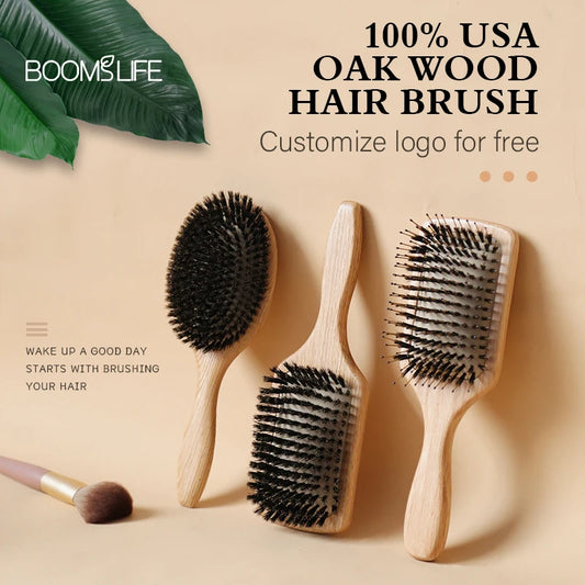 Boar Bristle HairBrush Wood Hair Brush Peine OAK Wood Combs for Women Barber Beauty Care Paddle Scalp Massage Brush