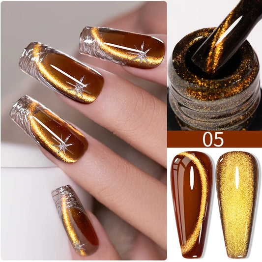 PUENTE 7.5ML Golden Gems Cat Magnetic Gel Nail Polish Pink Brown Blue Colors Golden Glitter Cat Eye Soak Off UV Nail Art Varnish
