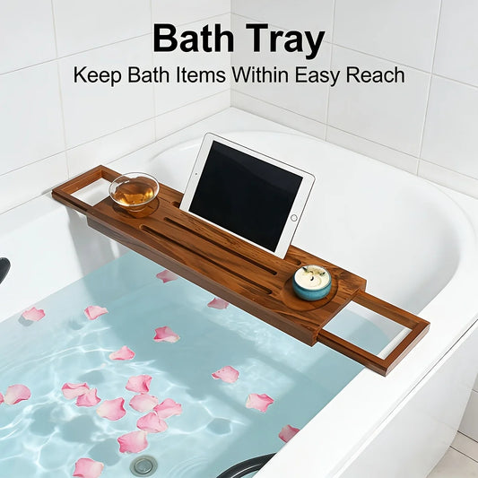 Bamboo Bathtub Tray Expandable Anti-Slip with Wine Holder Phone Slot Bookrest