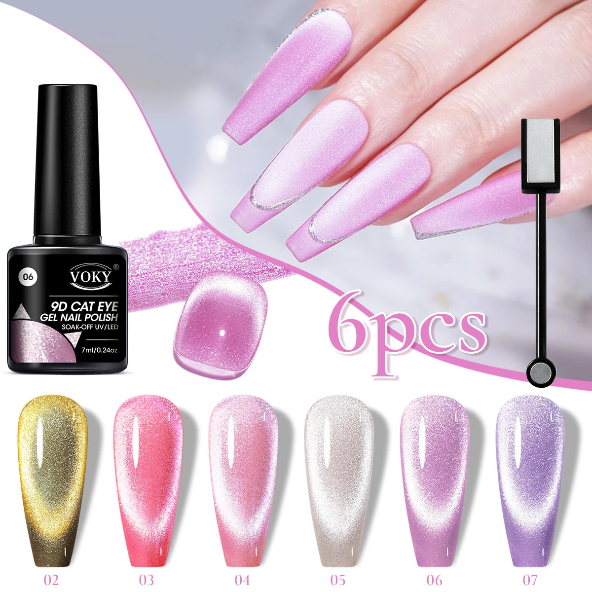 6pc Glitter Cat Magnetic Nail Gel Polish Set Cat Eye Holographic Reflective Semi Permanent UV Gel Soak Off Sparkling Nail Art