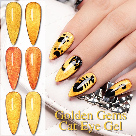 1- 6pc Golden Glitter Cat Magnetic Nail Gel Cat Eye Holographic Reflective Semi Permanent UV Gel Soak Off Sparkling Nail Art