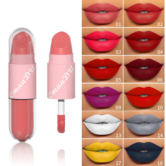 Lipstick Lip Gloss 2-in-1 Matte Lip Color Velvet Lip Glaze Waterproof Long Lasting Non-marking Natural Lip Tint Blam Cosmetic