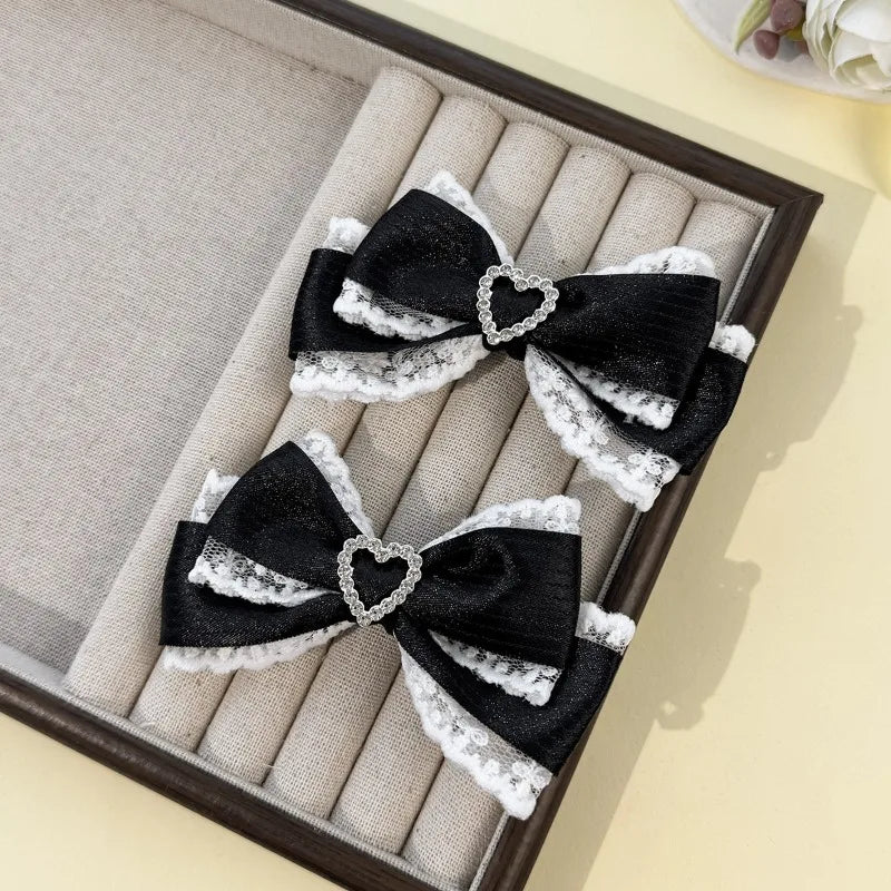 Lace Stripe Satin Bow Hair Clip Heart Rhinestone Barrettes Women Lolita Daily Wedding Party Hair Accessories Hair Clips ForWomen
