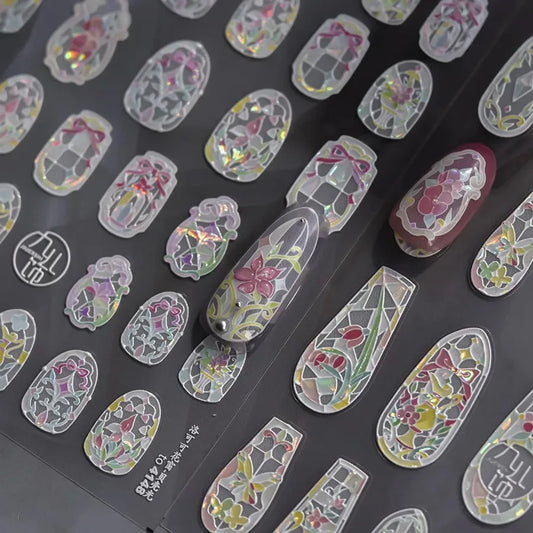 1piece 5D glass fragment nail sticker high quality stained glass window grille design glitter art decoration design nail sticker