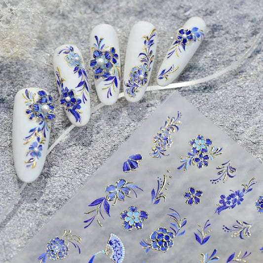 Japanese Vintage Red & Blue Rose Flower Laser Gold Silver Nail Stickers Nail Art Decal Design Manicure Tool High Quality