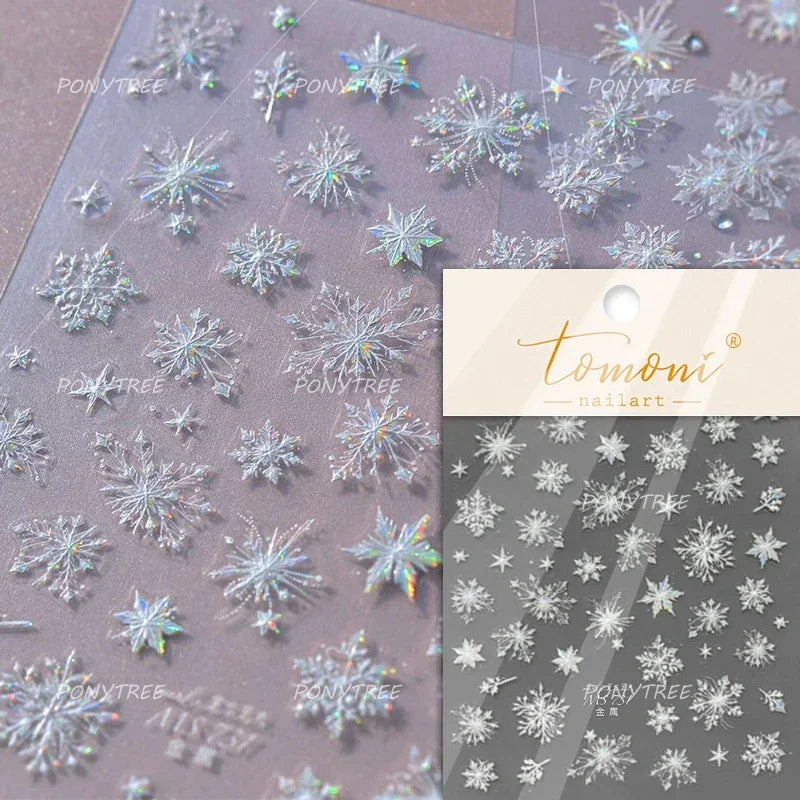 Flying Snowflakes Cold Winter Geometric Hexagon Star Romantic Adhesive Nail Art Stickers Embossment Rhinestone Manicure Decals