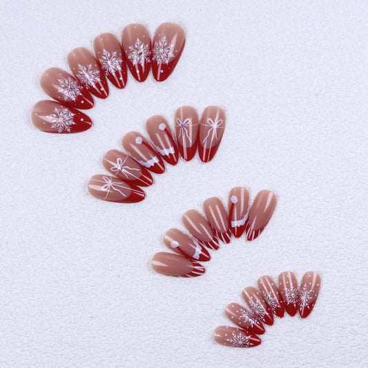 24PCS Red French Pointed Nails Christmas Fake Nails With Snowflake Christmas Hat Design, Artificially Adhered To The Nails