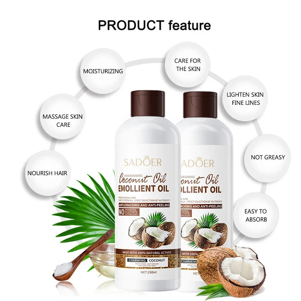 250ml Coconut Sooth Dry Skin Lighten Fine Lines Face Massage Oil Nourishes Hair Removes Frizz Hair Care Oil Firming Body Oil