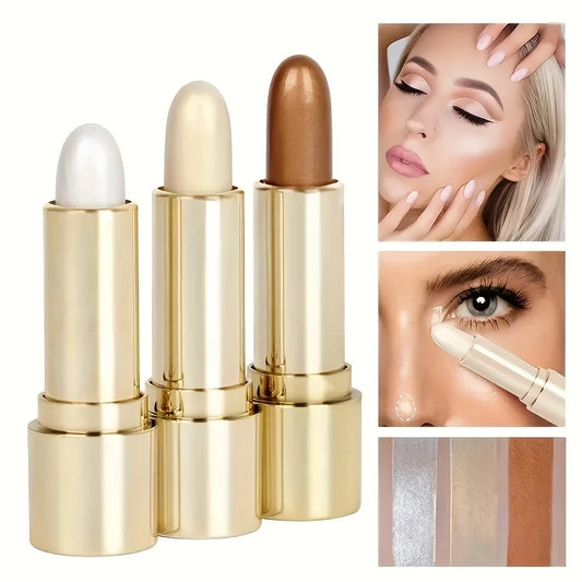 3 Color Highlighter Stick Portable Face Contour Natural Shimmer Glow Long-Lasting Cream Highlighter for Cheekbones Nose