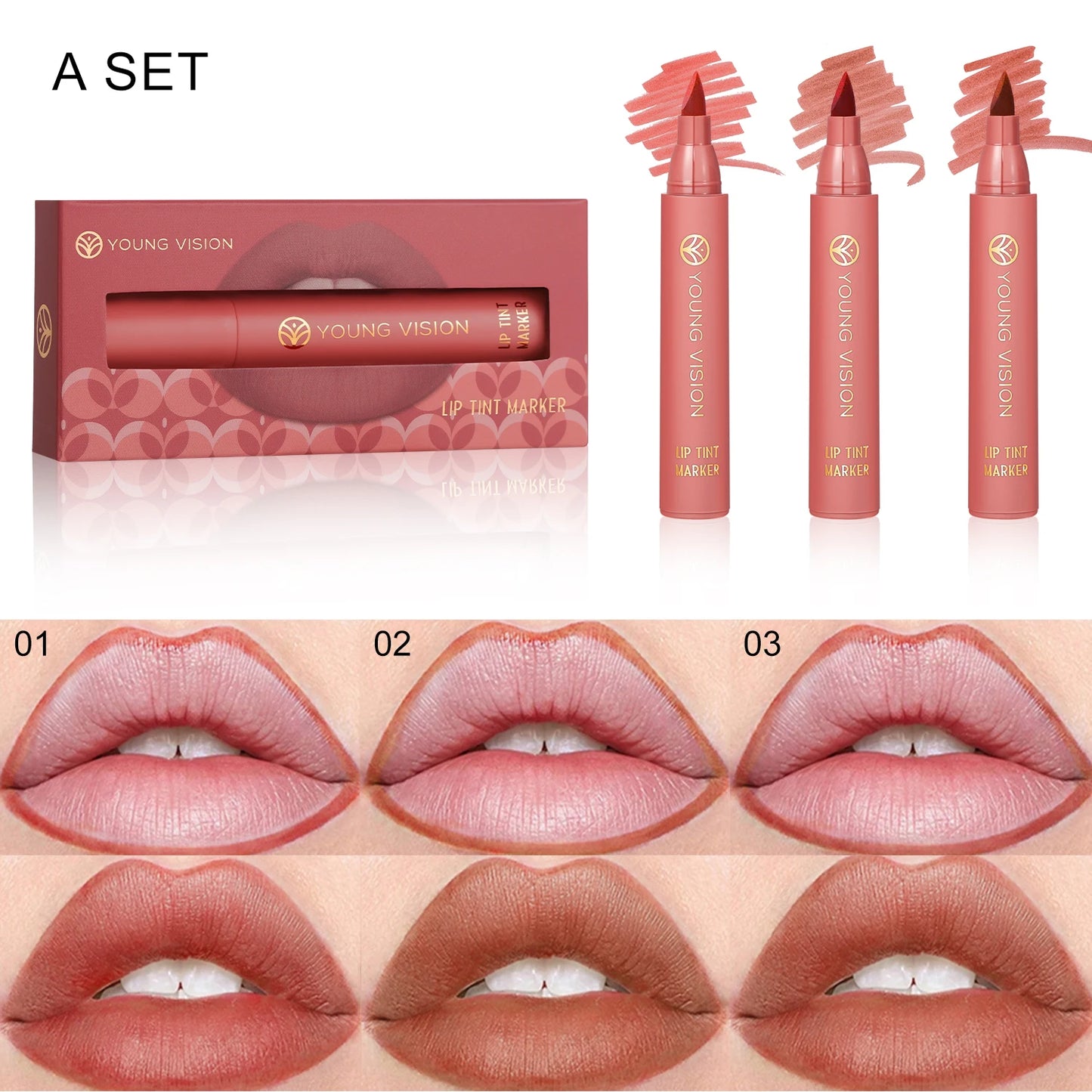 3pcs/ set Lip Tint Marker Liquid lipstick Nude Matte Shades, Lip Liner and Stick 2-in-1, Durable waterproof Christmas gift