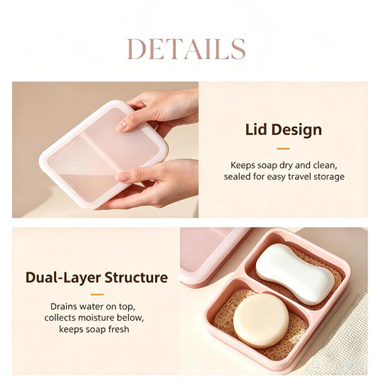 Portable Travel Soap Dish with Lid, Dual Compartment Silicone Drain Soap Box, Double Layer Waterproof Soap Holder with Drain Mat
