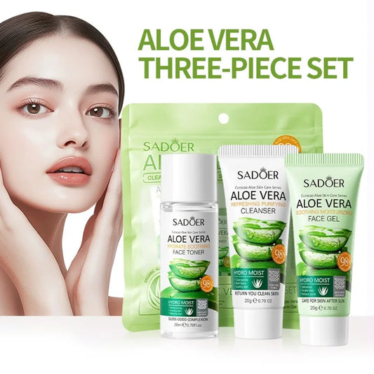 3pcs SADOER Aloe Vera Skin Care Sets Face Wash Facial Cleanser Aloe Gel Toner Face Cream Moisturizing Anti-aging Skin Care Kit