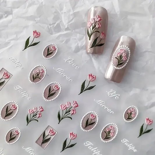 1piece 5Dcute tulip flower nail stickers high quality self-adhesive embossed nail art decals for girls summer decoration sticker