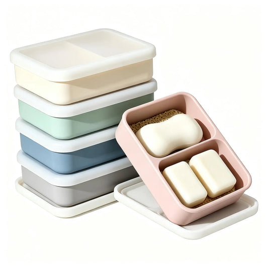 Portable Travel Soap Dish with Lid, Dual Compartment Silicone Drain Soap Box, Double Layer Waterproof Soap Holder with Drain Mat