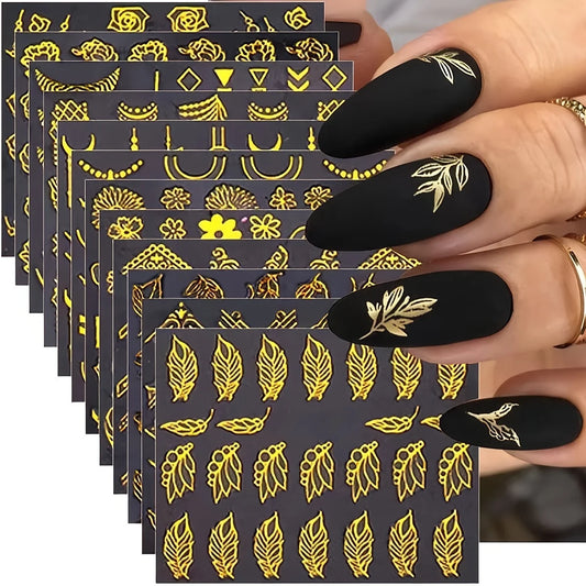 30 Sheets Golden Floral Nail Art Stickers - 3D Self-Adhesive Shimmering Leaf & Flower Designs for DIY Manicure