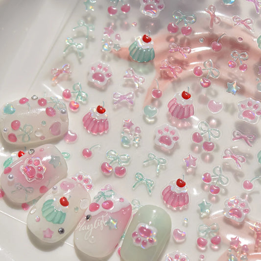 Pink Pudding Cherry Bowknot Heart shaped Star Claw Print Sweet Self Adhesive 5D Nail Art Decoration Sticker Manicure Decal DIY