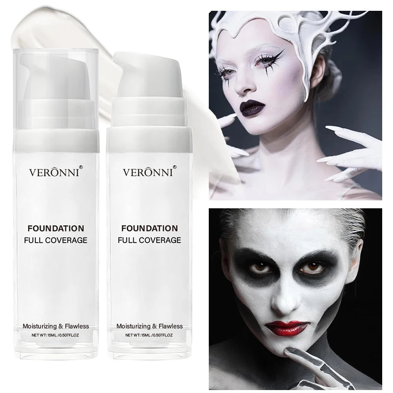Matte White Liquid Foundation Makeup,Buildable Coverage Primer & Concealer Stick,Waterproof & Long-Lasting for Halloween,Cosplay