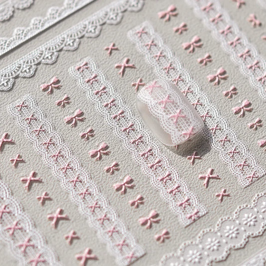 Sweet Pink Bowknot Black Lace Heart Nail Stickers 3D Self Adhesive Nail Art Stickers Manicure Decorations Decals DIY Accessories