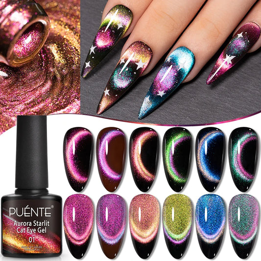 7.5ML Aurora Starlit Cat Eye Gel Nail Polish Rainbow Glitter Galaxy Cat Magnetic Nail Art Gel Soak Off UV Semi-Permanent Varnish