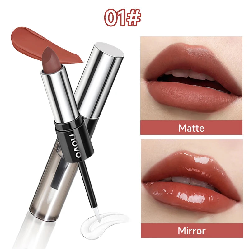 2 In 1 Dual Ended Moisturizing Lipstick & Lip Gloss,Waterproof Proof Lipstick Sealer,Matte & Mirror,Long Lasting,Non-Stick Cup