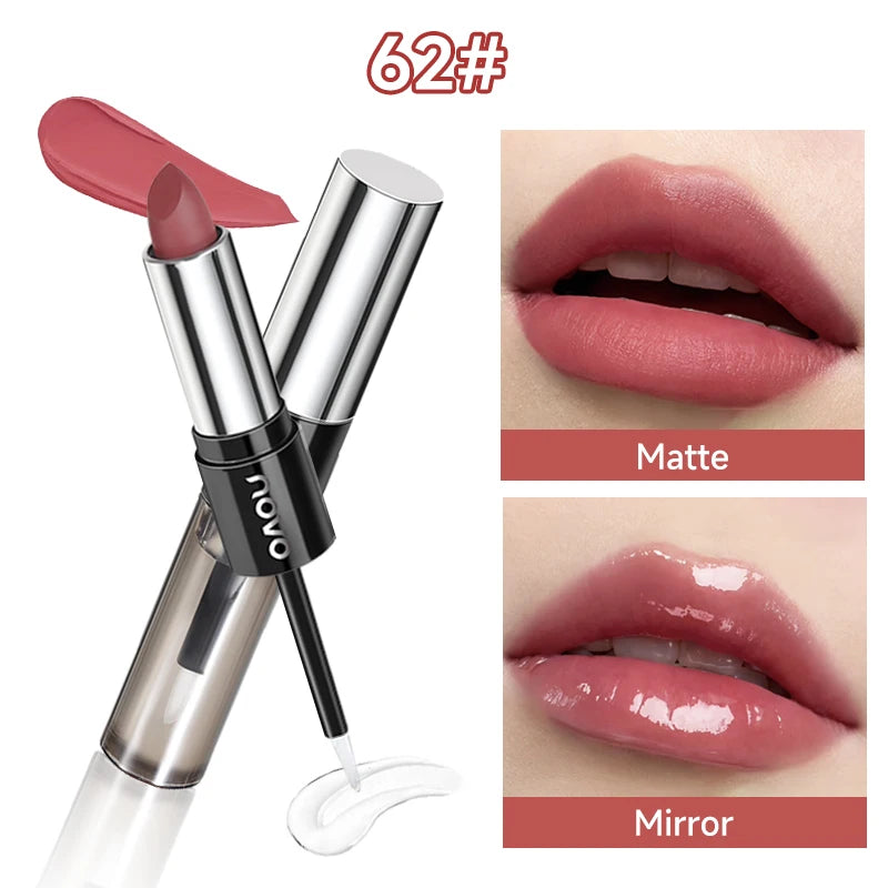 2 In 1 Dual Ended Moisturizing Lipstick & Lip Gloss,Waterproof Proof Lipstick Sealer,Matte & Mirror,Long Lasting,Non-Stick Cup