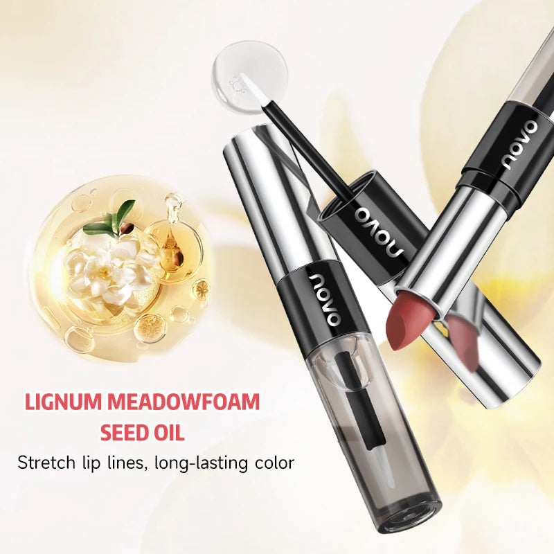 2 In 1 Dual Ended Moisturizing Lipstick & Lip Gloss,Waterproof Proof Lipstick Sealer,Matte & Mirror,Long Lasting,Non-Stick Cup