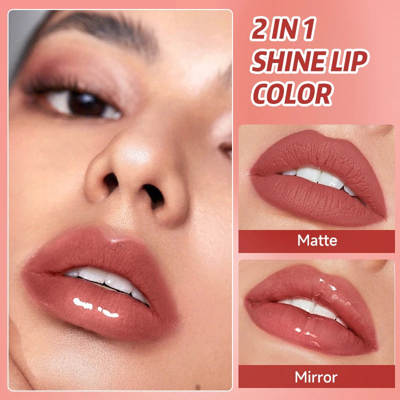 2 In 1 Dual Ended Moisturizing Lipstick & Lip Gloss,Waterproof Proof Lipstick Sealer,Matte & Mirror,Long Lasting,Non-Stick Cup