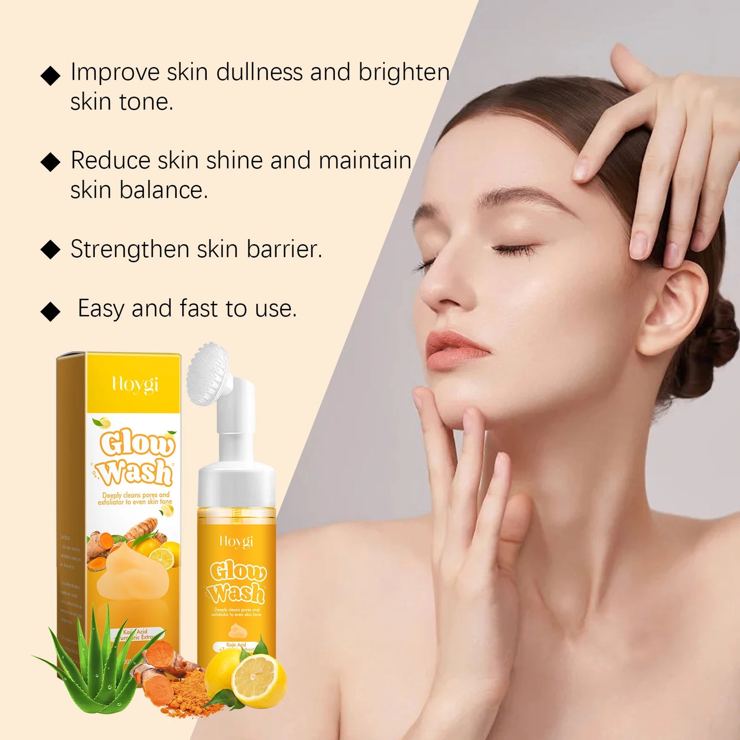 Hoygi 100ml Turmeric Face Wash Cleanser Clean Pores Glow Skin Care Hydrating Oil Control Remove Blackhead Exfoliating Cleanser