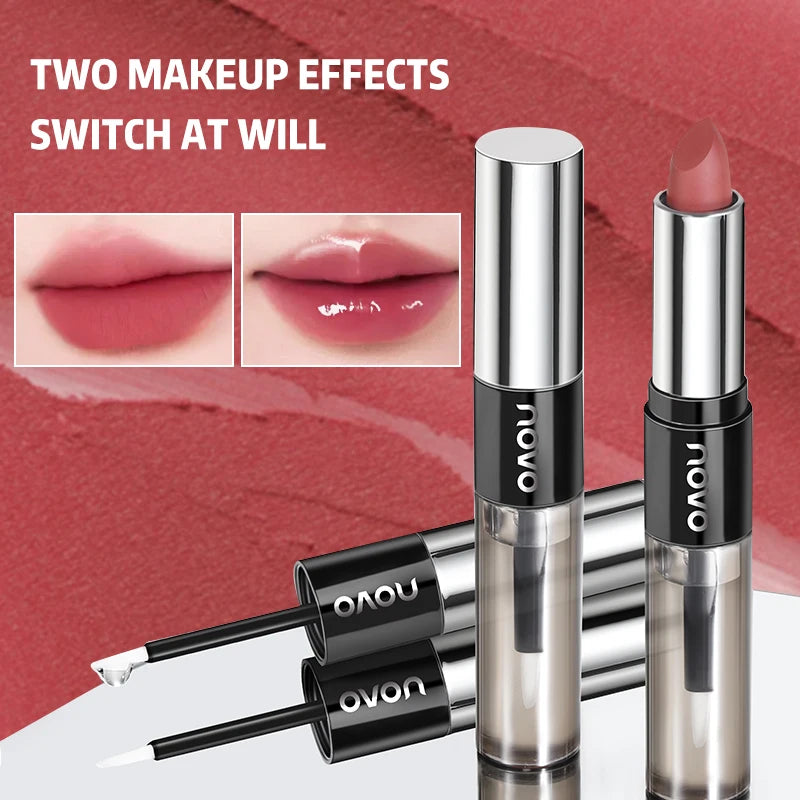 2 In 1 Dual Ended Moisturizing Lipstick & Lip Gloss,Waterproof Proof Lipstick Sealer,Matte & Mirror,Long Lasting,Non-Stick Cup