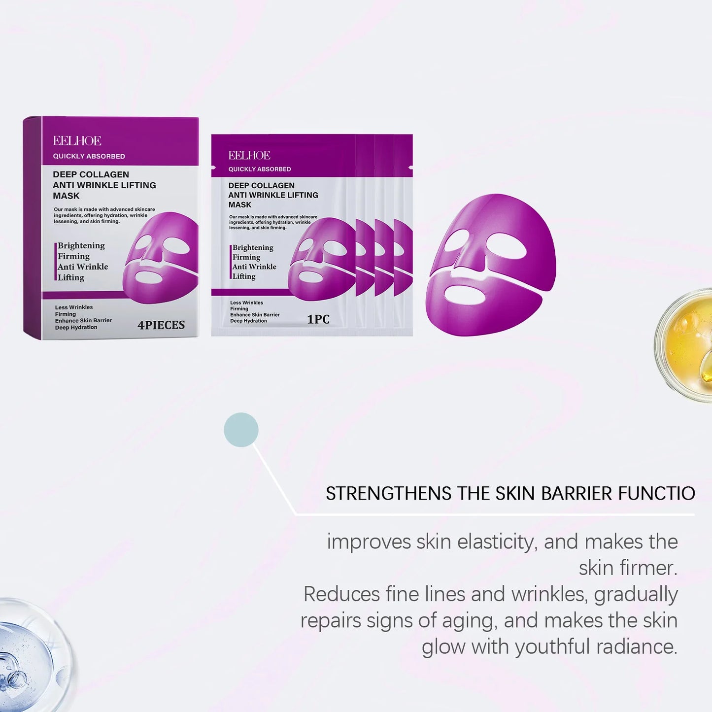 Eelhoe 4pcs Collagen Moisturizing Facial Mask Sheet Pore Minimizing Daily Hydrating Care Overnight Mask Bio Collagen Sheet Mask