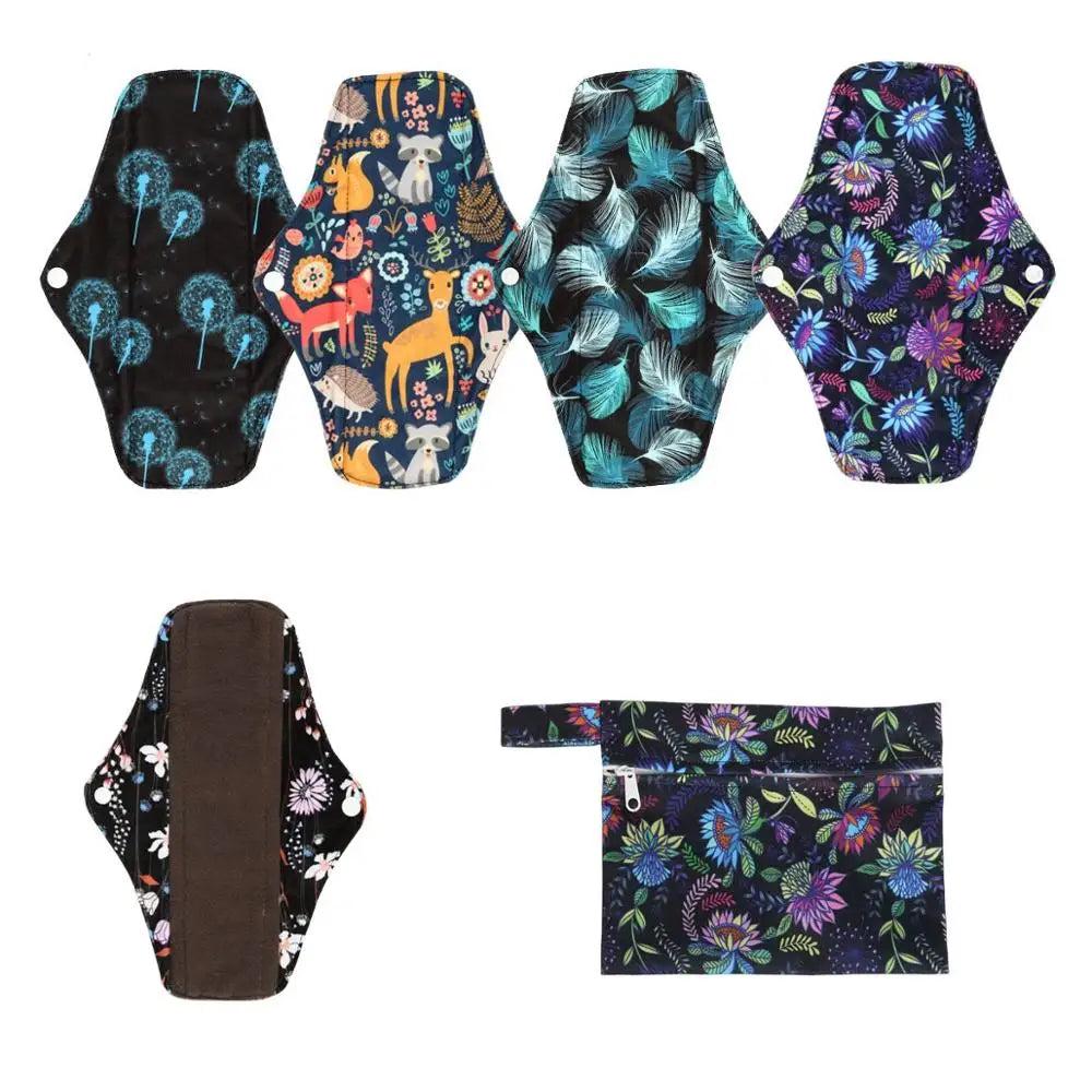 【Sigzagor】5+1 Set Long Panty Liners Cloth Menstrual Pads  RANDOM Prints Bamboo Charcoal Sanitary Washable Reusable Light Flow