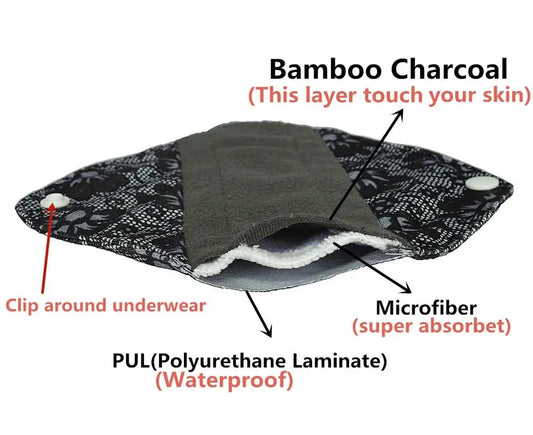【Sigzagor】5+1 Set Long Panty Liners Cloth Menstrual Pads  RANDOM Prints Bamboo Charcoal Sanitary Washable Reusable Light Flow