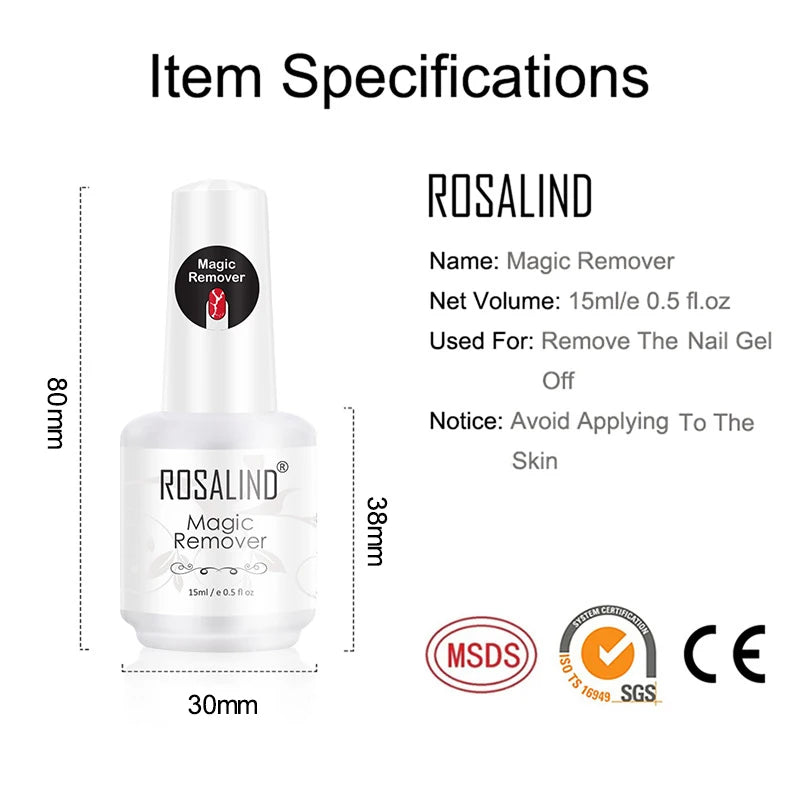 ROSALIND Magic Remover Nail Easy Off Gel Remover Cleaner Nail Polish Within 2-3 MINS 15ml Magic Removal Varnishes Base Top Coat