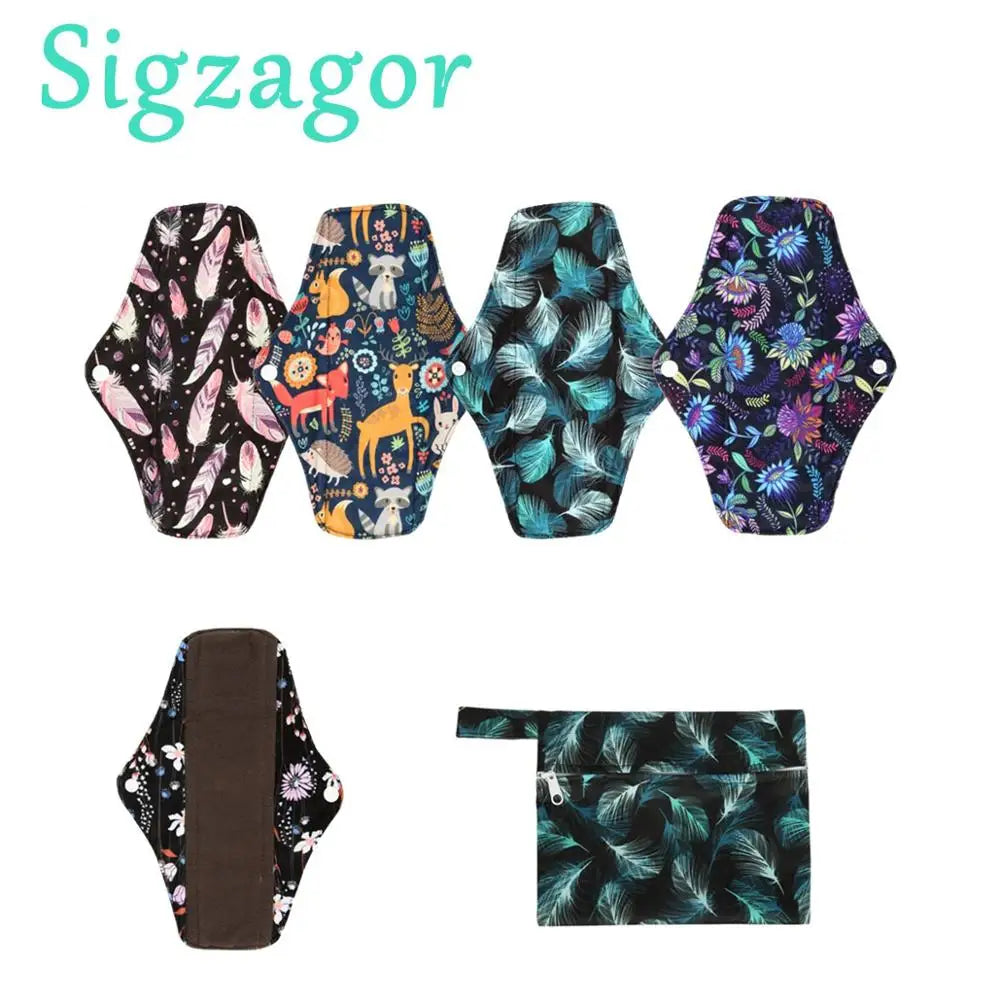 【Sigzagor】5+1 Set Long Panty Liners Cloth Menstrual Pads  RANDOM Prints Bamboo Charcoal Sanitary Washable Reusable Light Flow