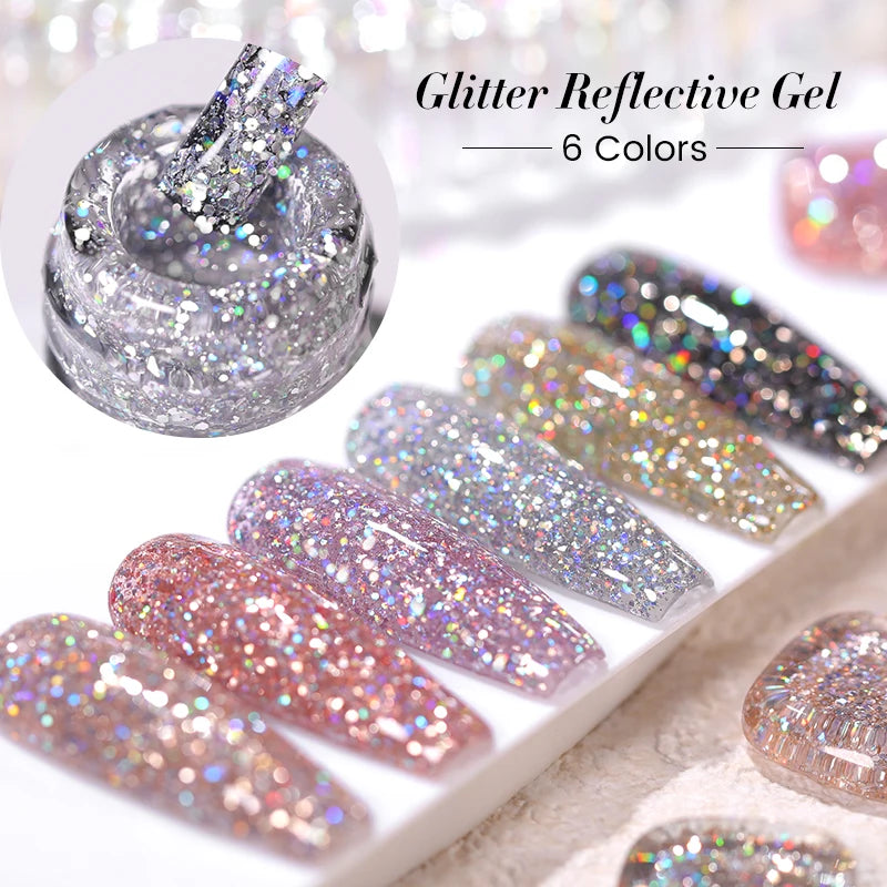 BORN PRETTY 10ml Sparkling Glitter Reflective Gel Nail Polish Sparkly Holo Shiny Pink Silver Black Gel Nail Art Salon Varnish