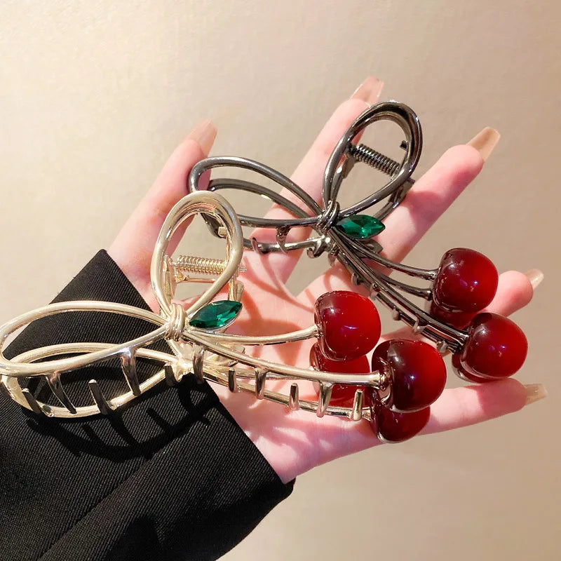 Women Elegant Cherry Hair Claw Grab Clips Bow Hairpins Korean Fashion Barrettes Girls Ponytail Shark Clip Hair Accessories