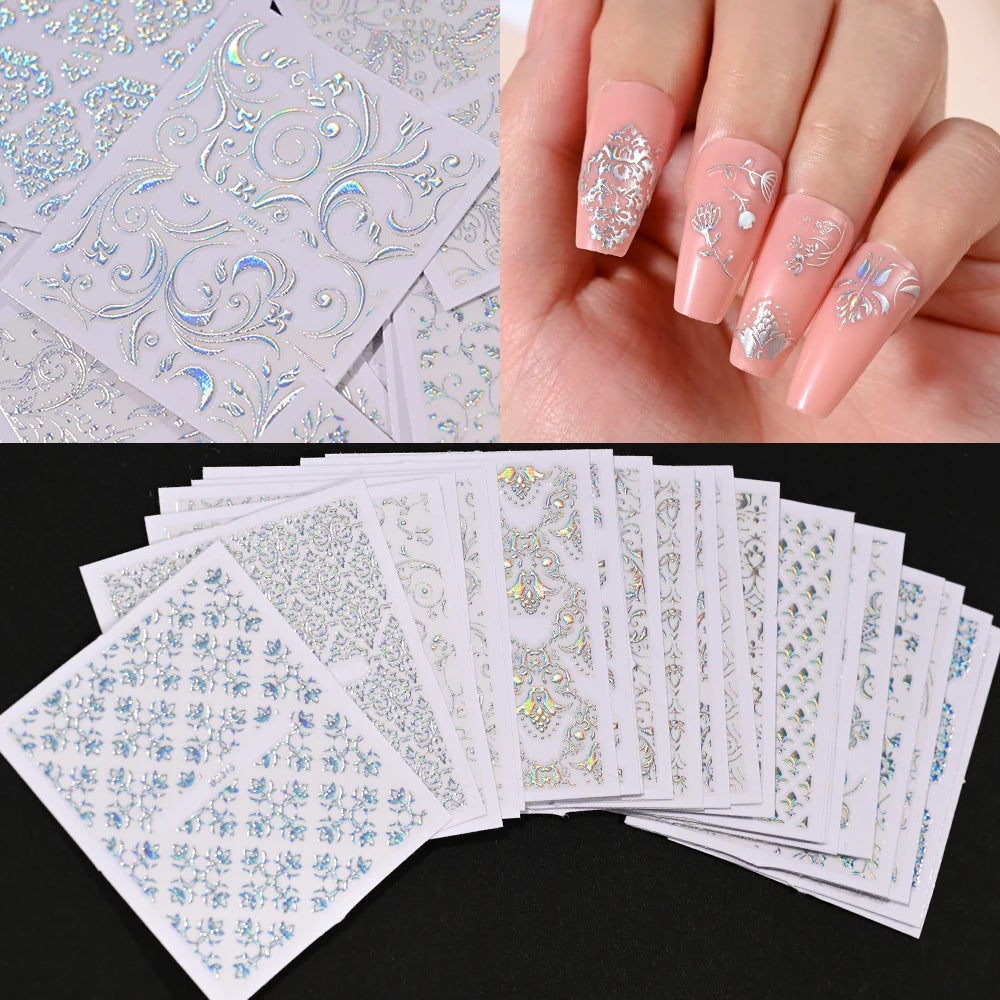 30pcs 5D Embossed Rose Golden Lace Floral Nail Stickers Retro Vine Flower Nail Decals 5.5*6.5cm Irregular Geometric Nail Sliders