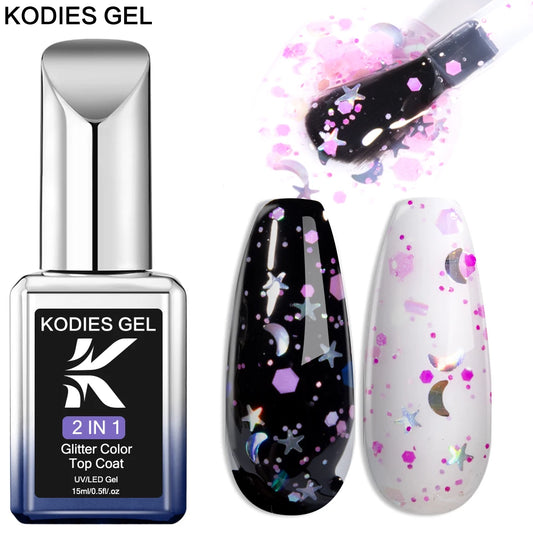 KODIES GEL Glitter Top Coat Gel Nail Polish 2 In 1 Semi Permanent  UV Stars Moon Halo Top Coat No Wipe Manicure Nail Art Sealer