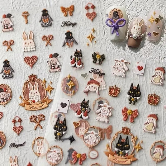 Lovely Cat Bunny Bowknot Poker Crown Lock Key Easter Eggs Love Cute Rabbit Mushroom Chick Flower Dog DIY Nail Art Stickers Decal