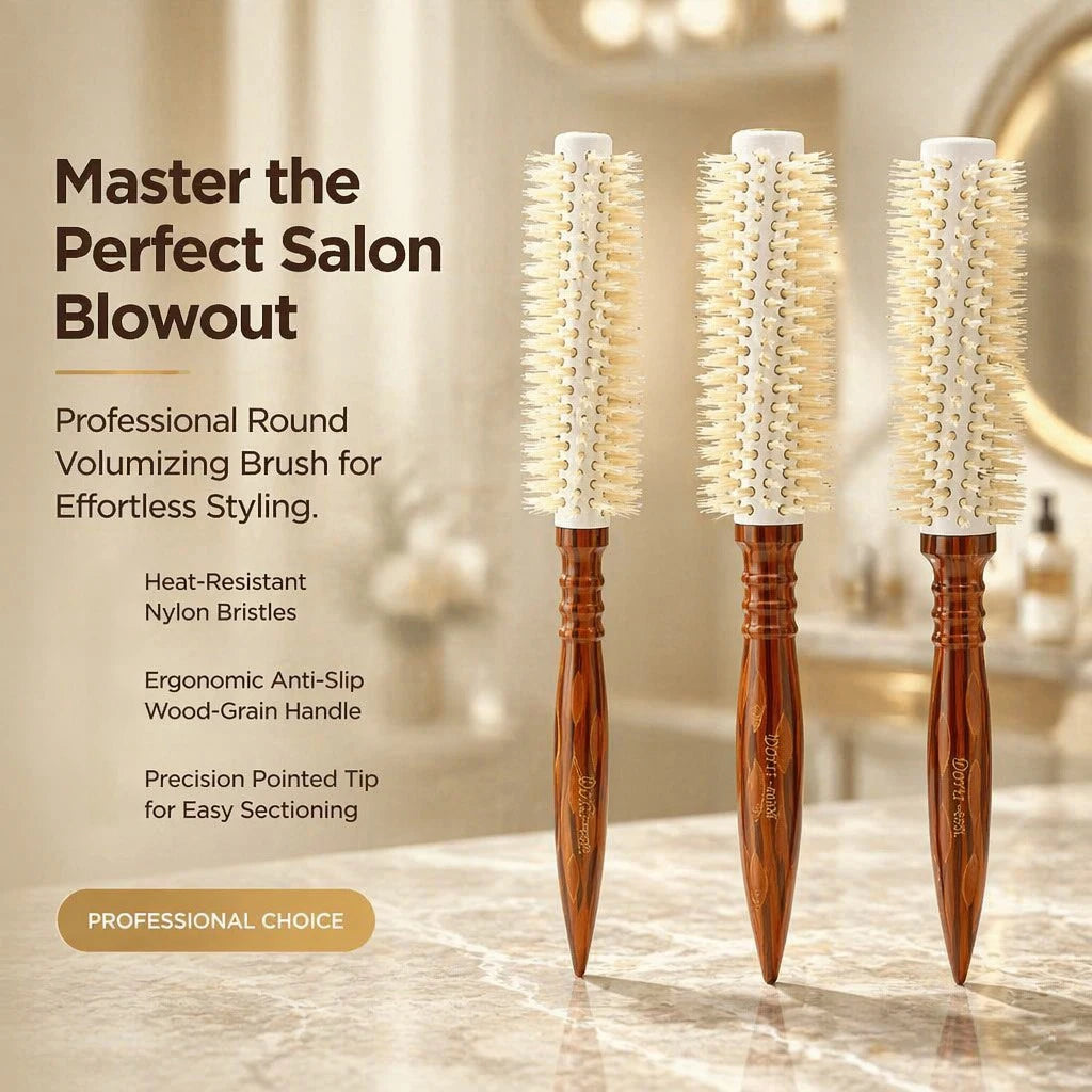 3Sizes Natural Boar Bristle Round Hair Brush Wooden Point Tail Curling Comb Salon Blow Dry Styling Brush for Fluffy Curls Bangs