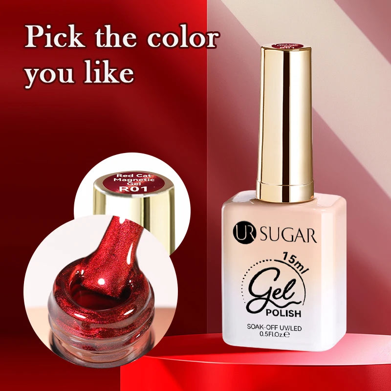 UR SUGAR 15ml 6 Colors Shine Red Winter Christmas Cat Magnetic Gel Nail Polish Sparkling Glitter Semi Permanent Soak Off UV Gel
