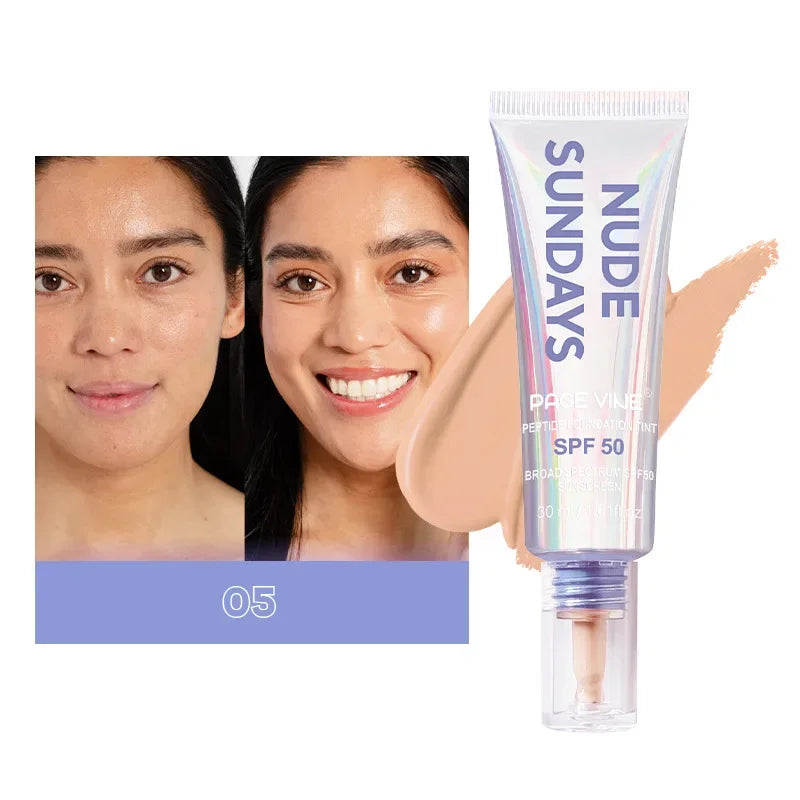 PAGE VINE Peptide Foundation Tint SPF50 Flawless Foundation Oil Control Concealer Non-Flaking Full Coverage Hydrating Makeup Hot